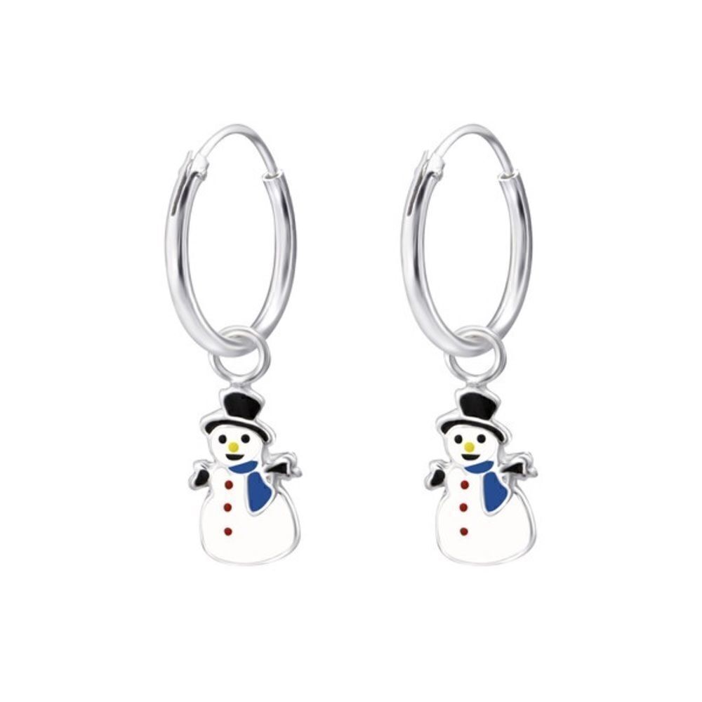 Children's Silver Hoops w/ Hanging epoxy Snowman - Picture 1 of 3